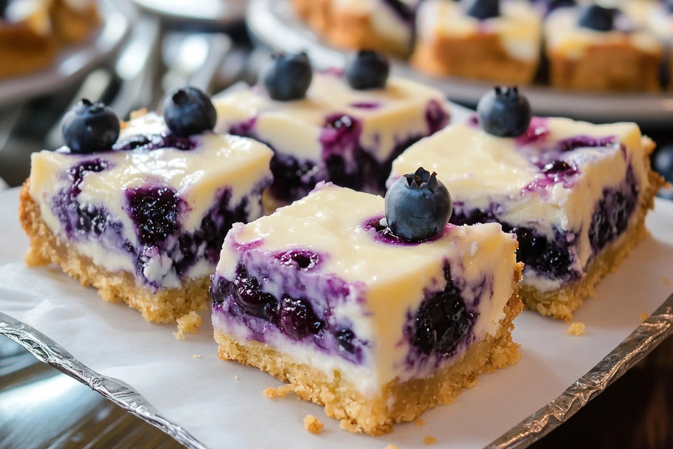 Delicious lemon blueberry cheesecake bars on a white plate