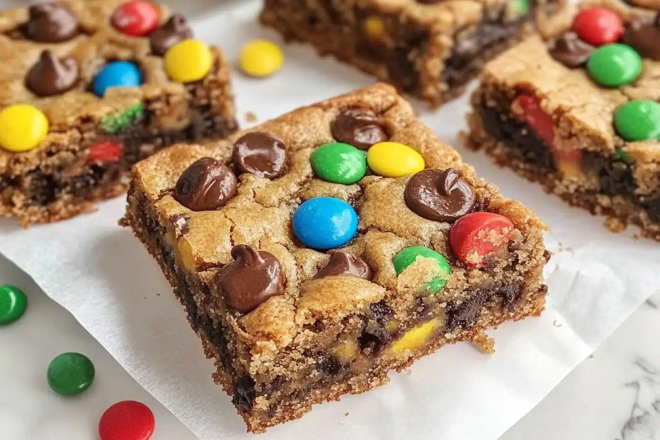 Delicious Monster Cookie Bars with oats, chocolate chips, and colorful candies.