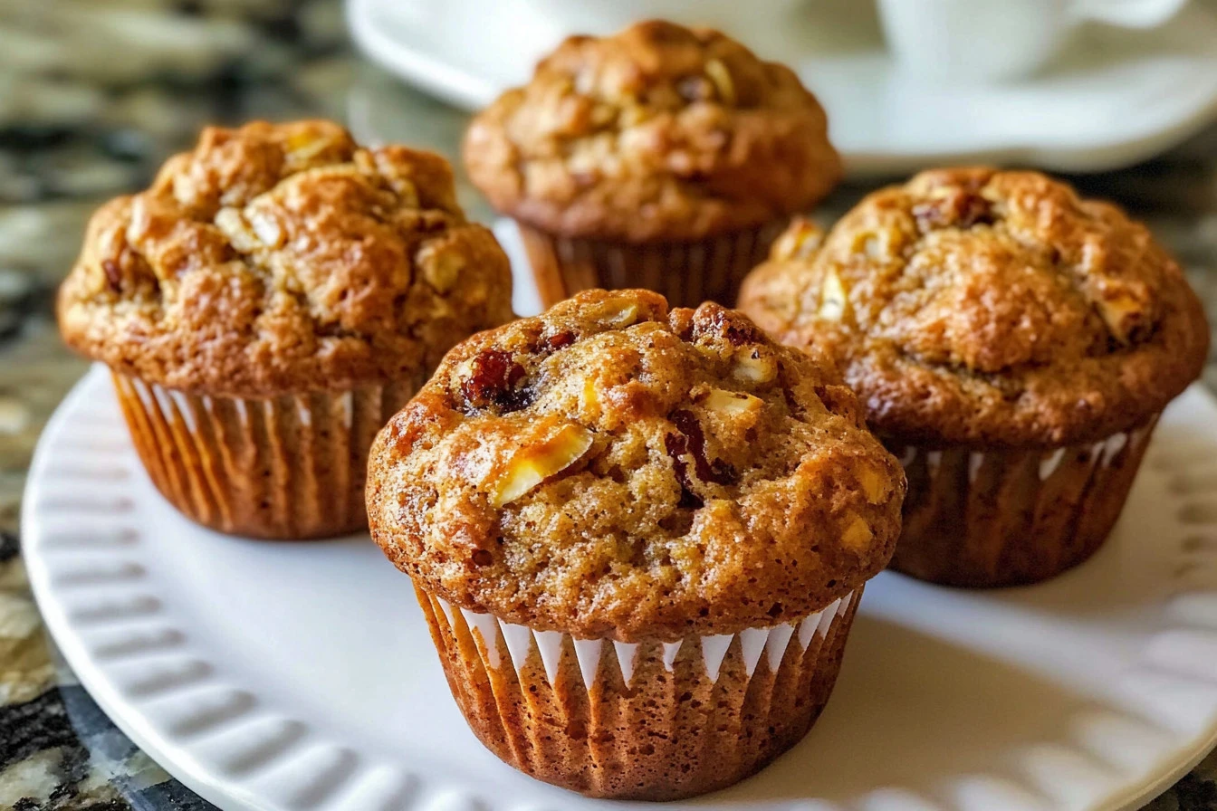Freshly baked Morning Glory Muffins topped with nuts and fruits.