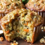 Baked Morning Glory Zucchini Carrot Muffins on a wooden table