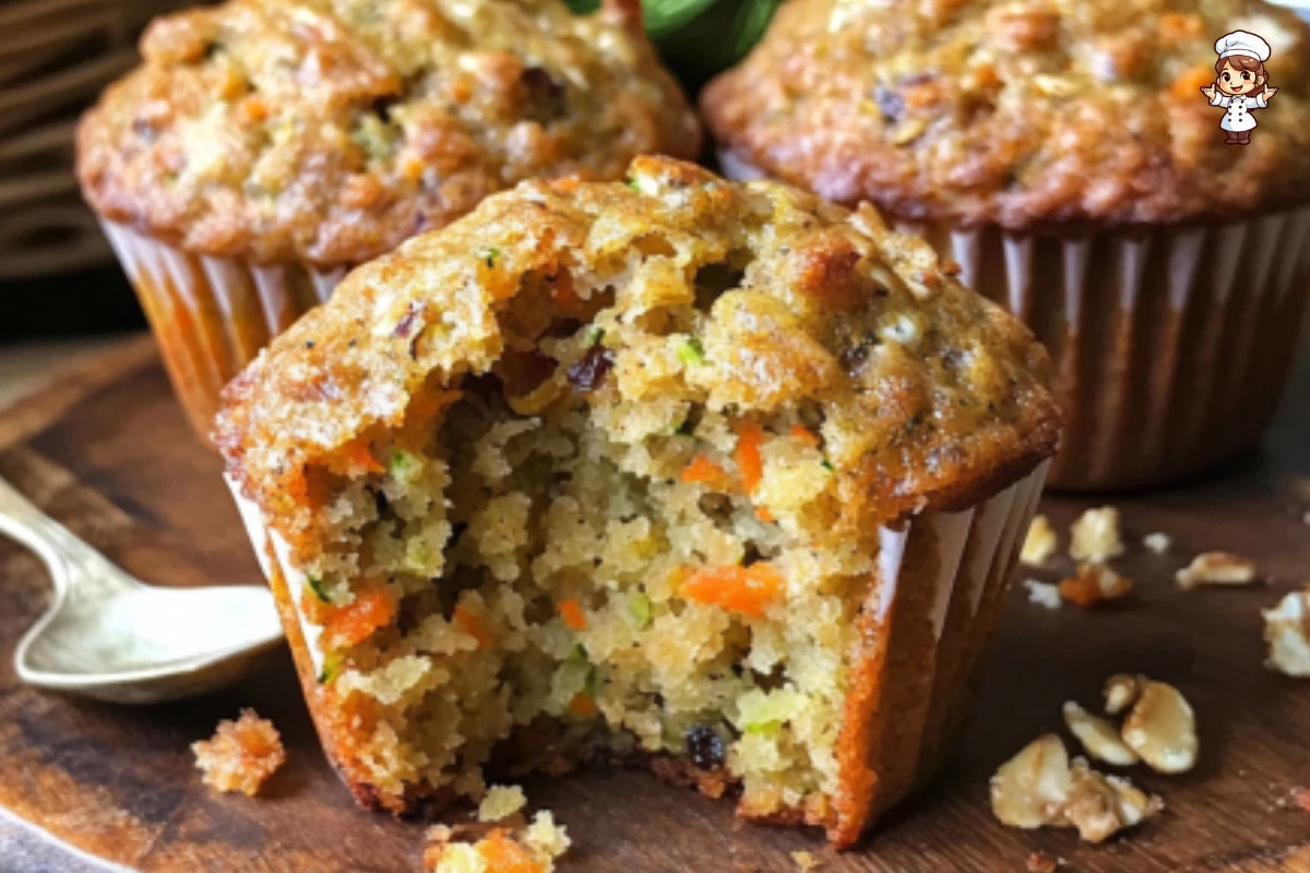 Baked Morning Glory Zucchini Carrot Muffins on a wooden table