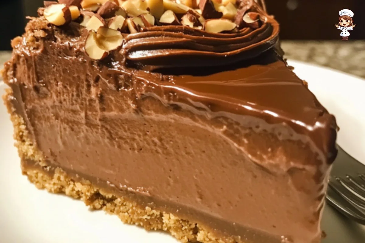 Delicious no-bake Nutella cheesecake topped with chocolate drizzle and hazelnuts.