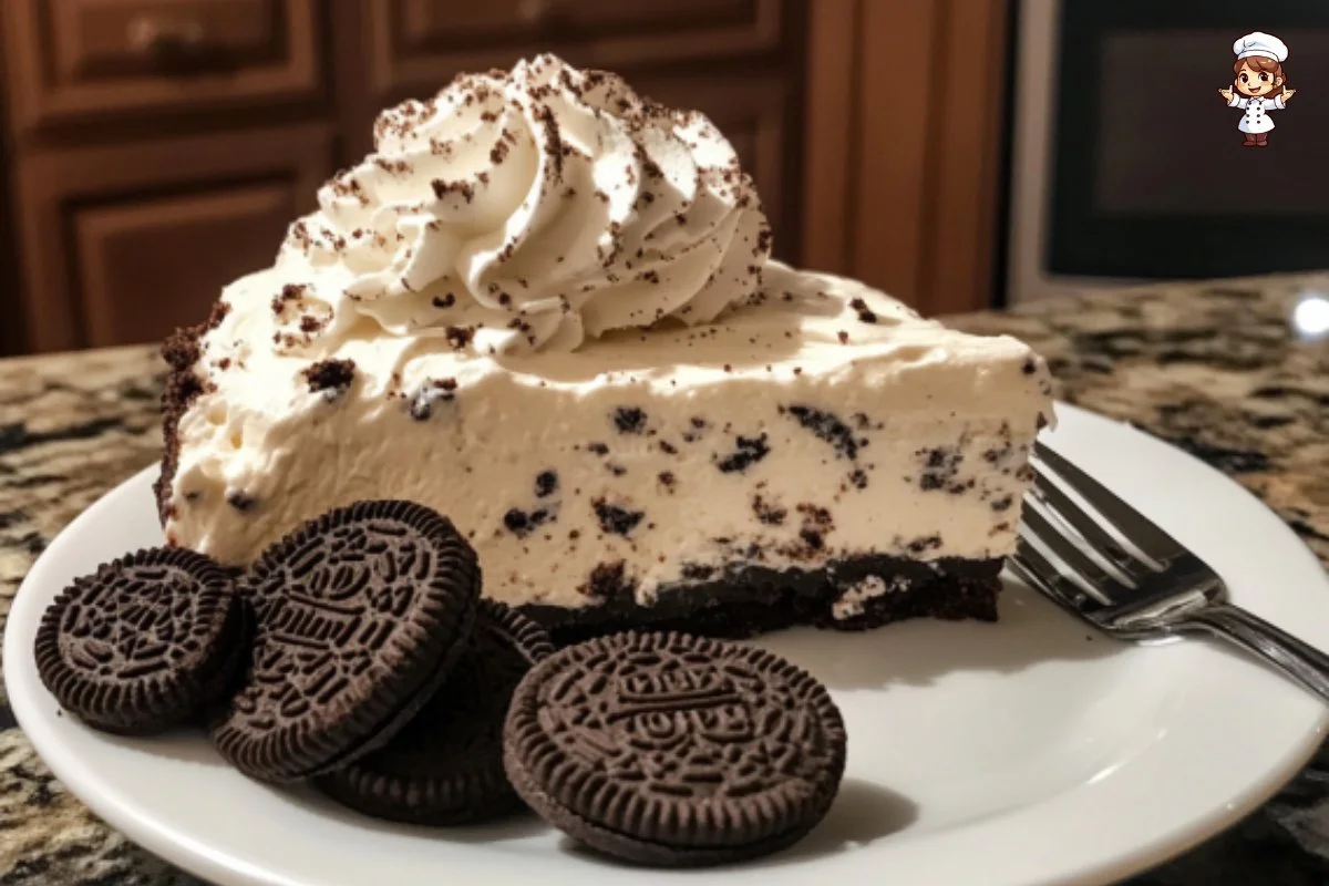 Delicious No Bake Oreo Cheesecake topped with crushed Oreos