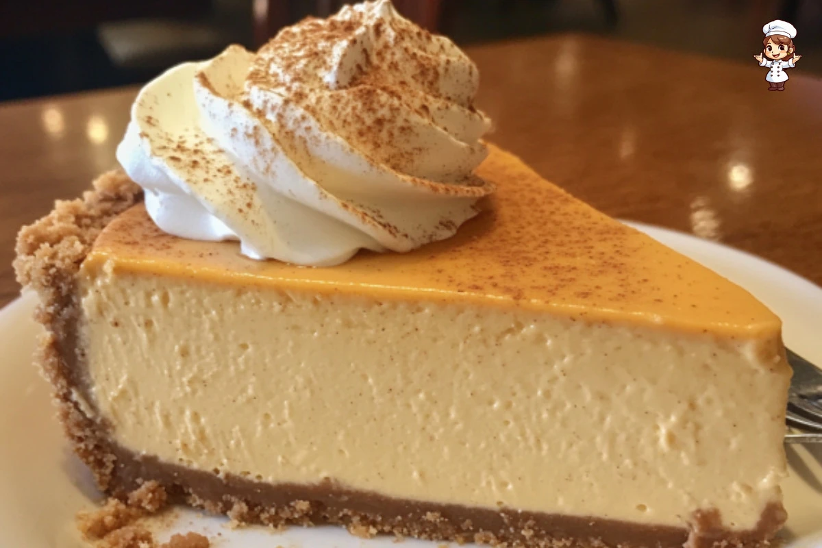 Delicious no bake pumpkin cheesecake topped with whipped cream and spices.