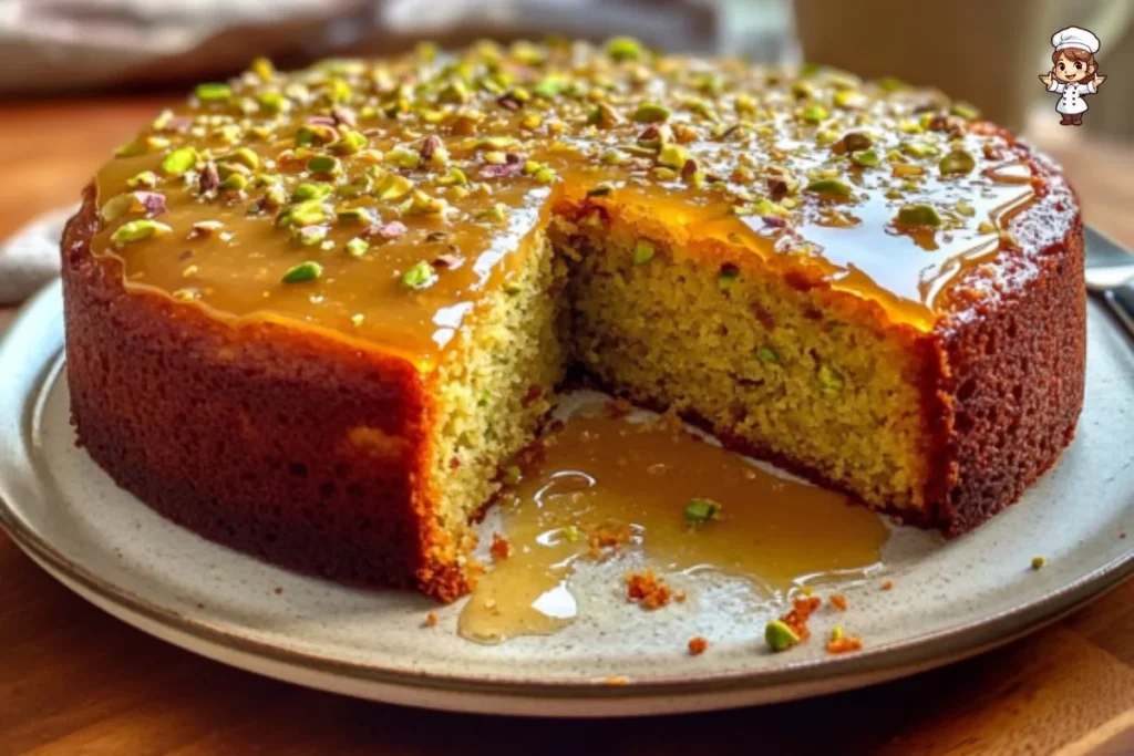 Slice of Orange Pistachio Cake drizzled with honey glaze on a decorative plate