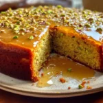 Slice of Orange Pistachio Cake drizzled with honey glaze on a decorative plate