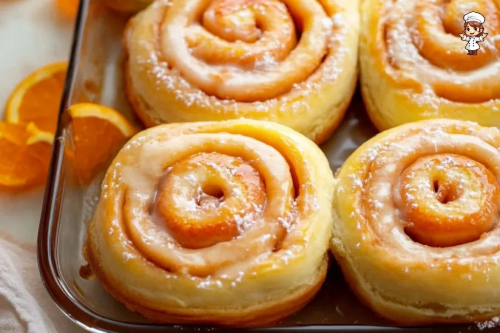 Freshly baked orange sweet rolls with icing on a rustic table