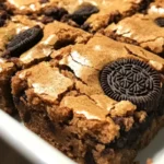 Delicious Oreo Blondies drizzled with chocolate sauce on a wooden table.