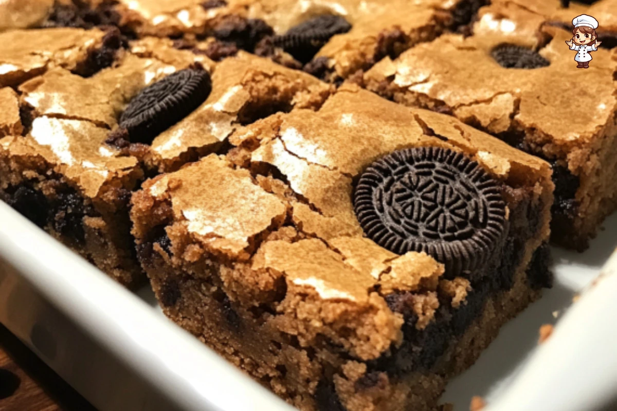 Delicious Oreo Blondies drizzled with chocolate sauce on a wooden table.