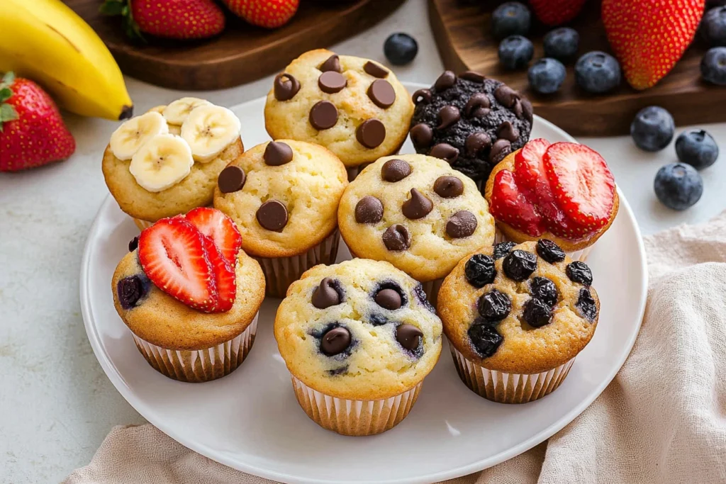 Delicious pancake muffins topped with syrup and berries on a plate