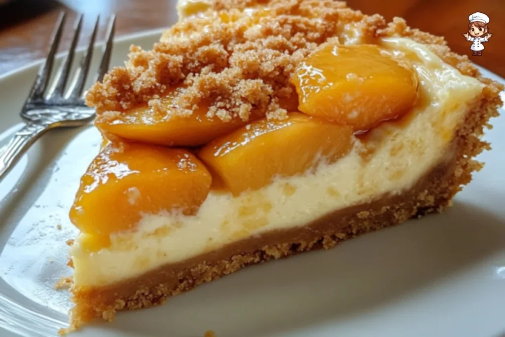 A slice of peach cobbler cheesecake garnished with fresh peaches and whipped cream.