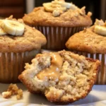 Freshly baked Peanut Butter Banana Muffins on a wooden table
