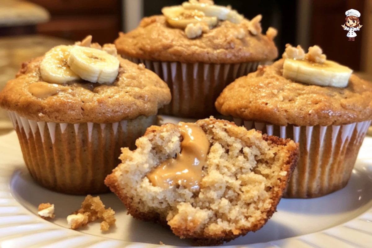 Freshly baked Peanut Butter Banana Muffins on a wooden table