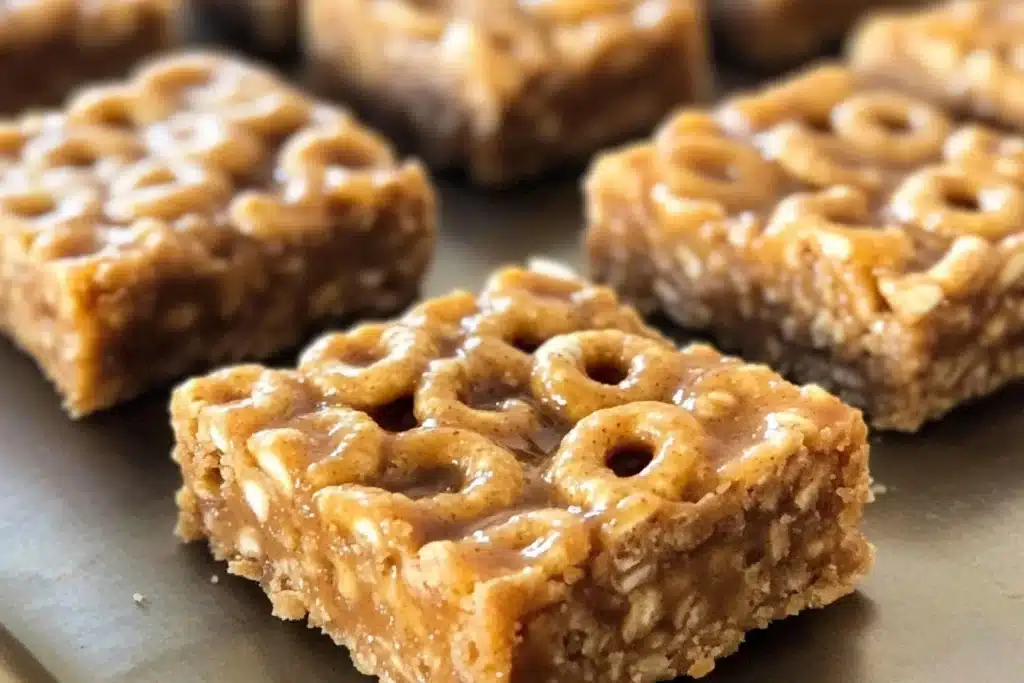 No-bake Peanut Butter Cheerio Bars cut into squares on a plate