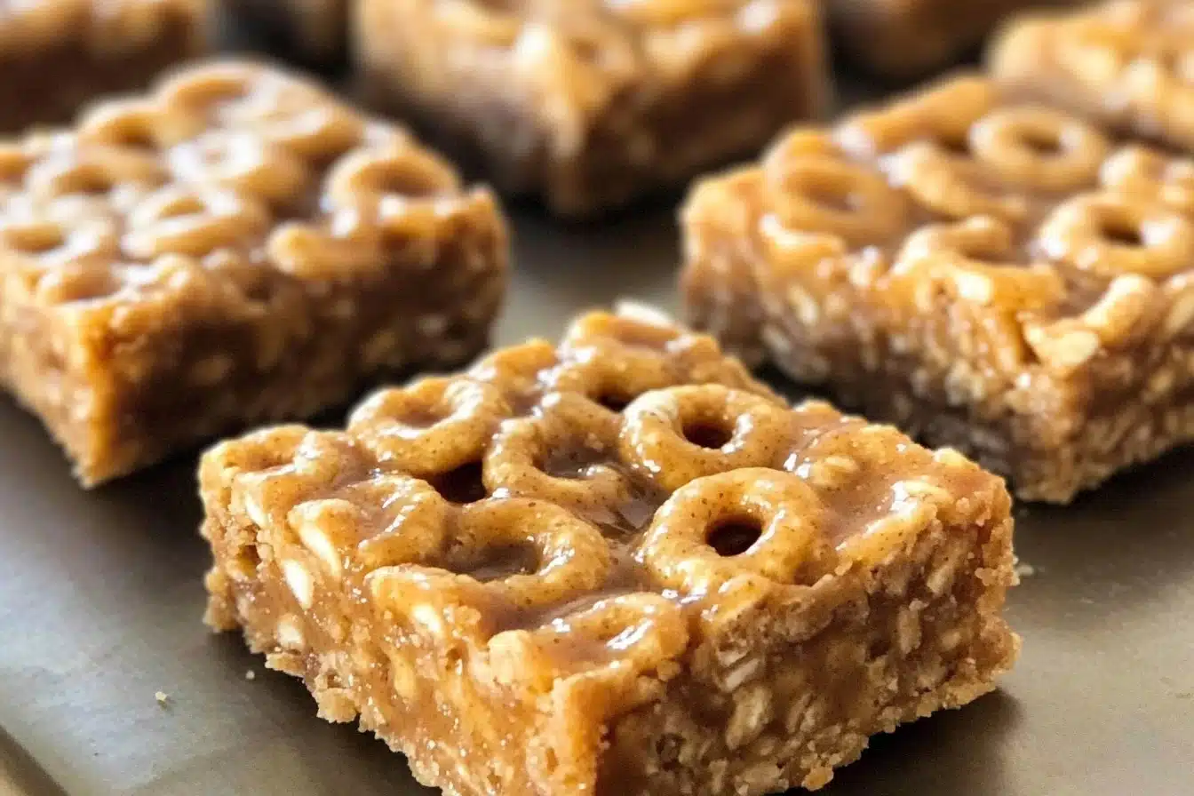 No-bake Peanut Butter Cheerio Bars cut into squares on a plate
