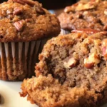 Freshly baked pecan pie muffins with pecans on top, served on a white plate