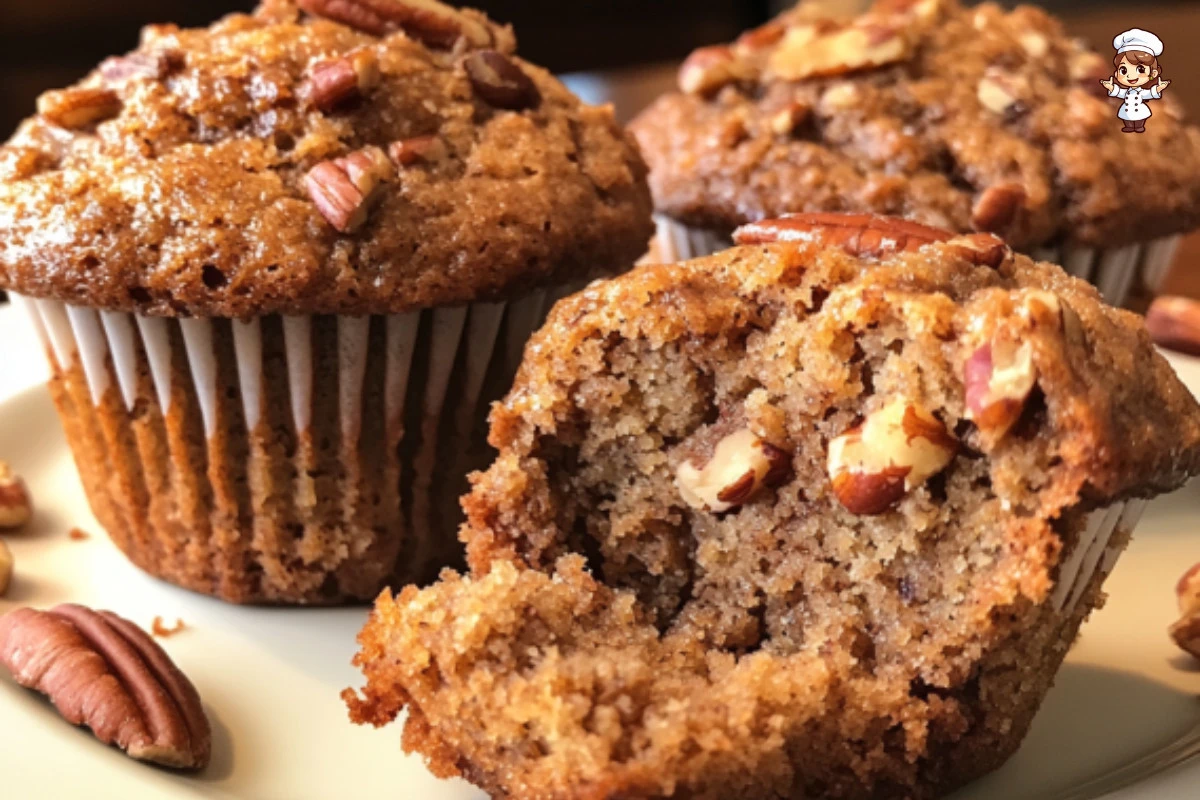 Freshly baked pecan pie muffins with pecans on top, served on a white plate
