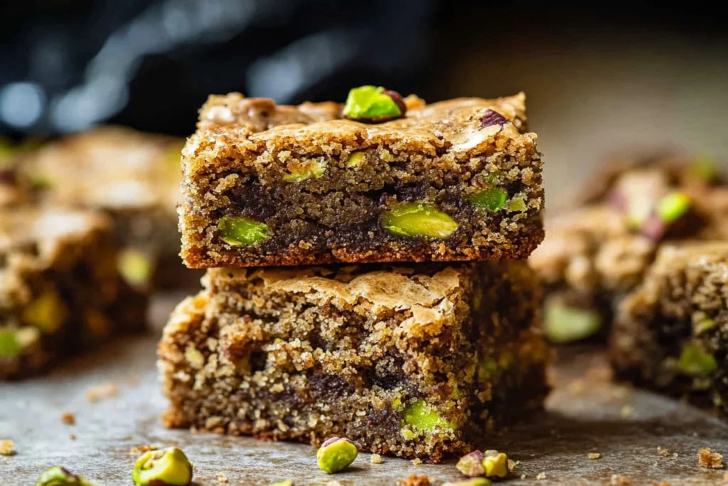 Delicious homemade Pistachio Blondies topped with nuts and a golden crust
