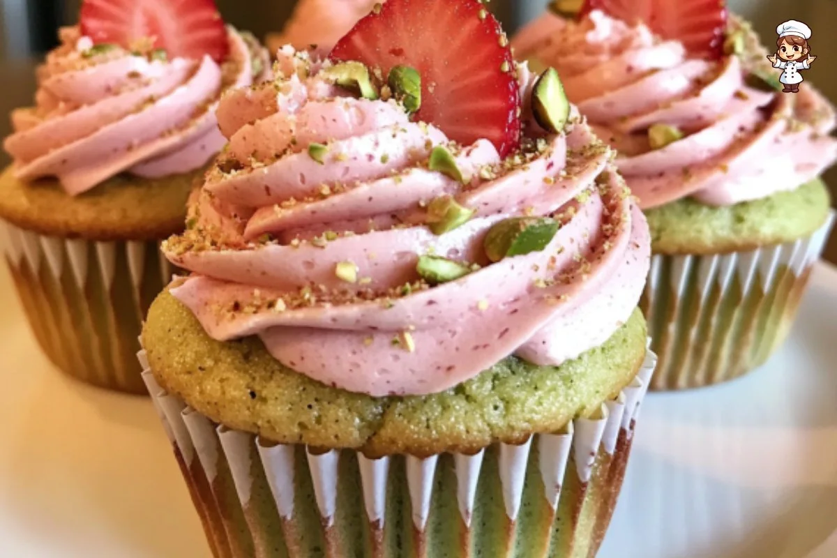 Pistachio cupcakes topped with strawberry buttercream frosting