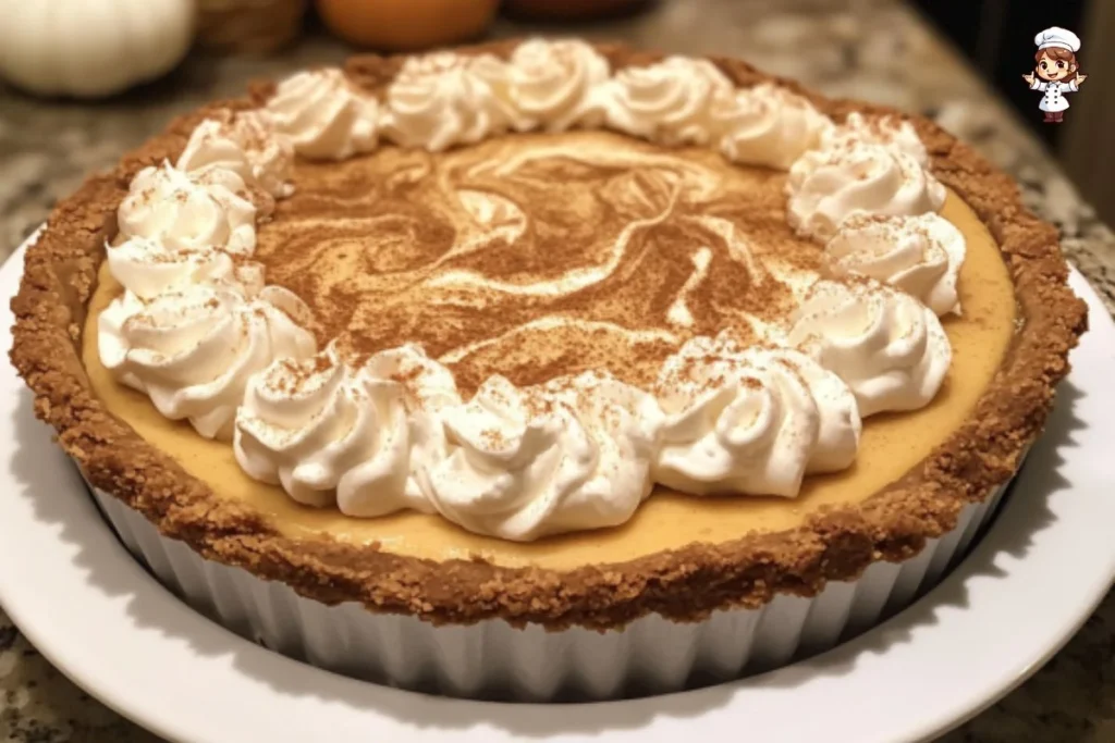 Delicious pumpkin cheesecake pie topped with whipped cream