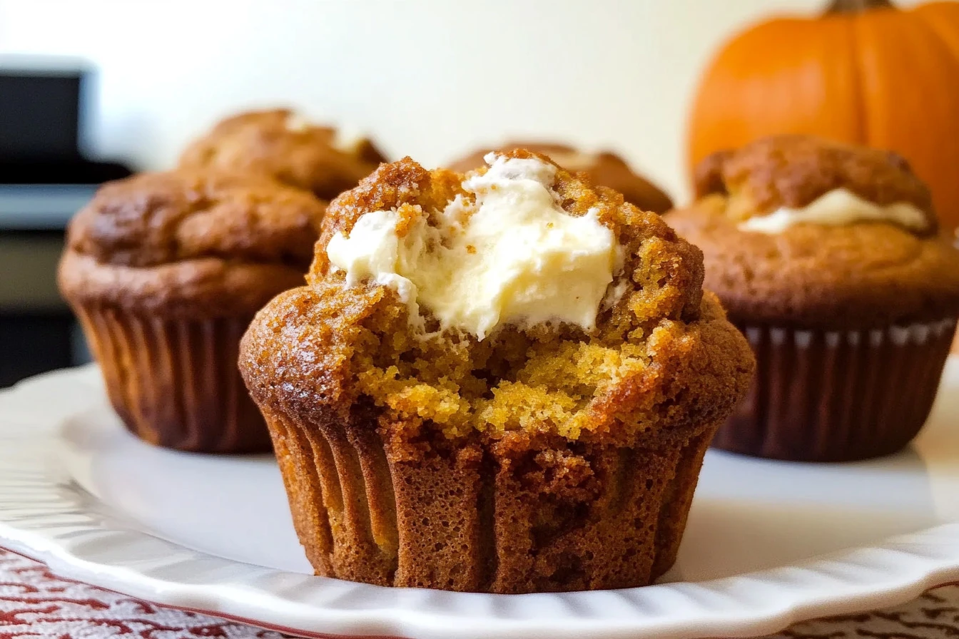 Freshly baked pumpkin cream cheese muffins with a golden brown top