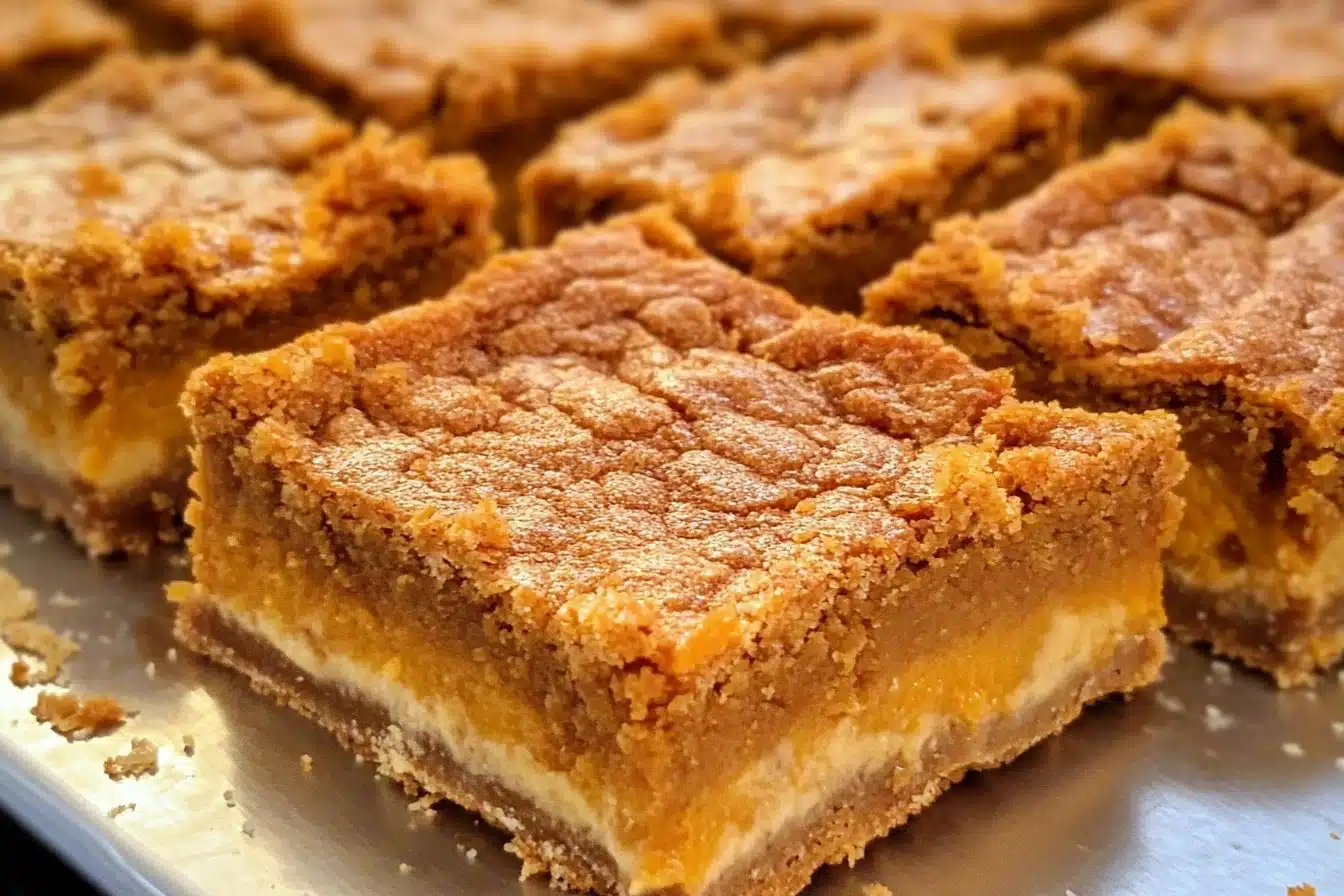 Delicious pumpkin pie bars served on a plate with whipped cream