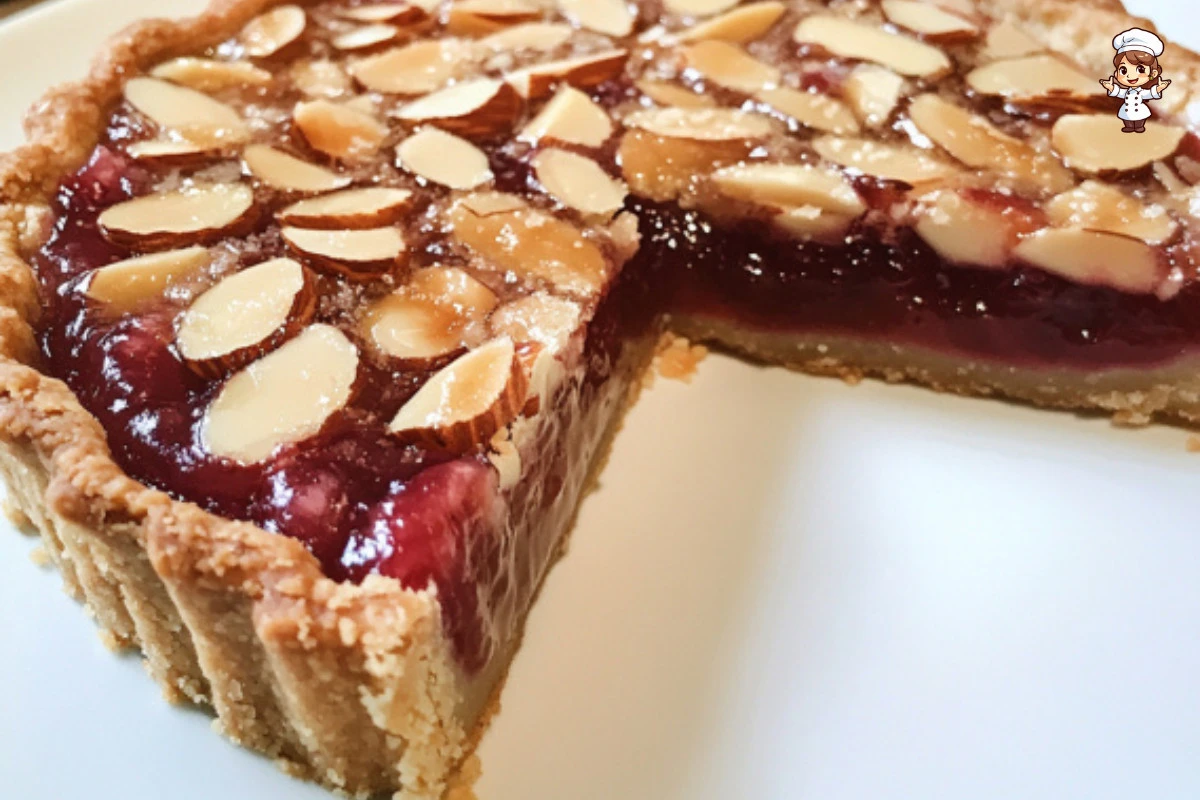 A delicious slice of Raspberry Bakewell Tart topped with fresh raspberries.