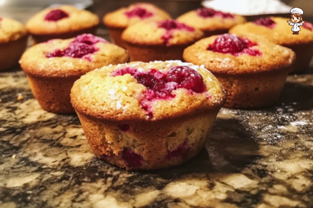 Freshly baked raspberry muffins with a golden crust and vibrant berries