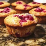 Freshly baked raspberry muffins with a golden crust and vibrant berries