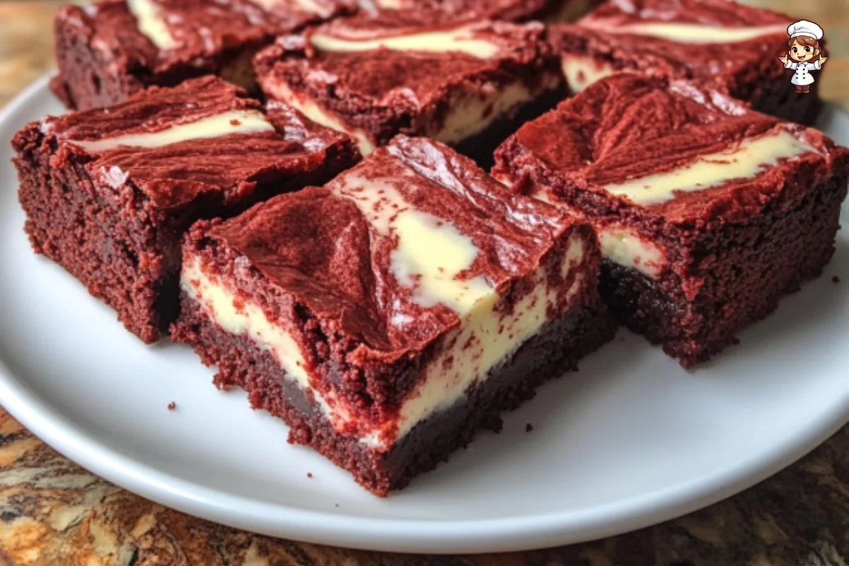 Red velvet cheesecake brownies with creamy layers and rich chocolate flavor