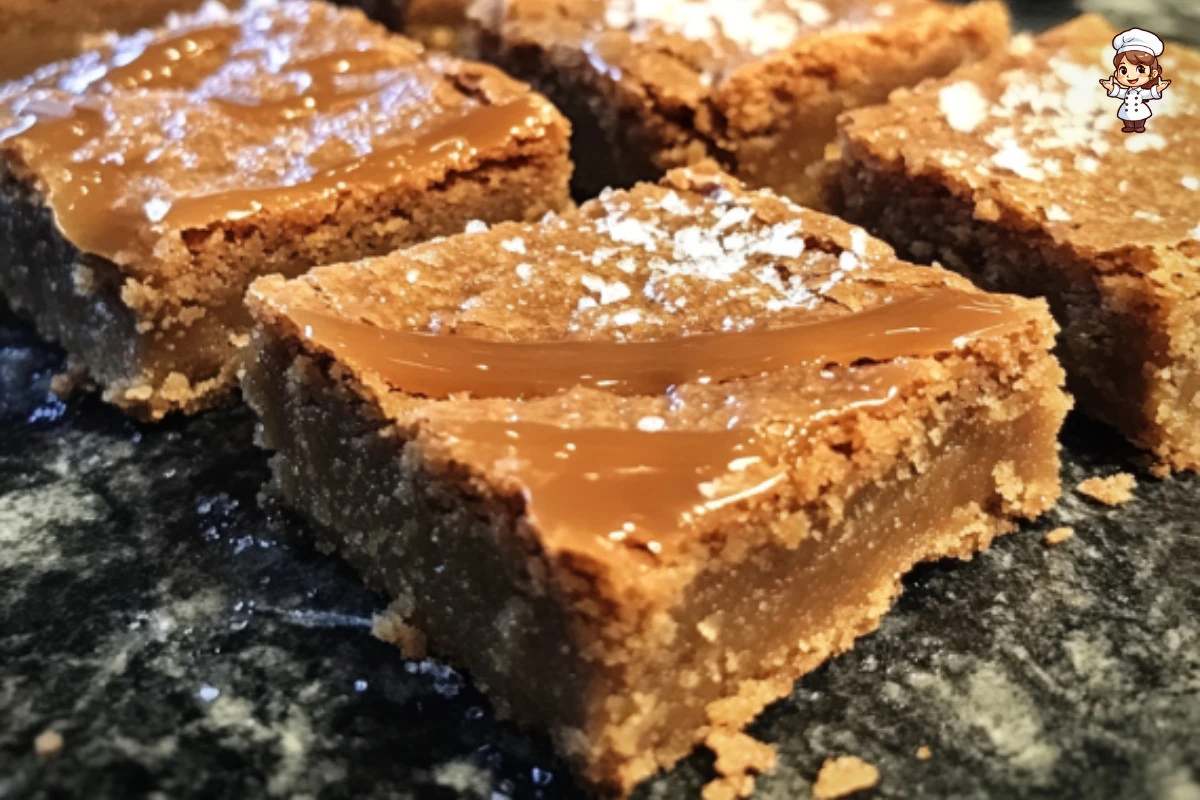 Delicious salted caramel blondies with a golden-brown color and rich caramel drizzle