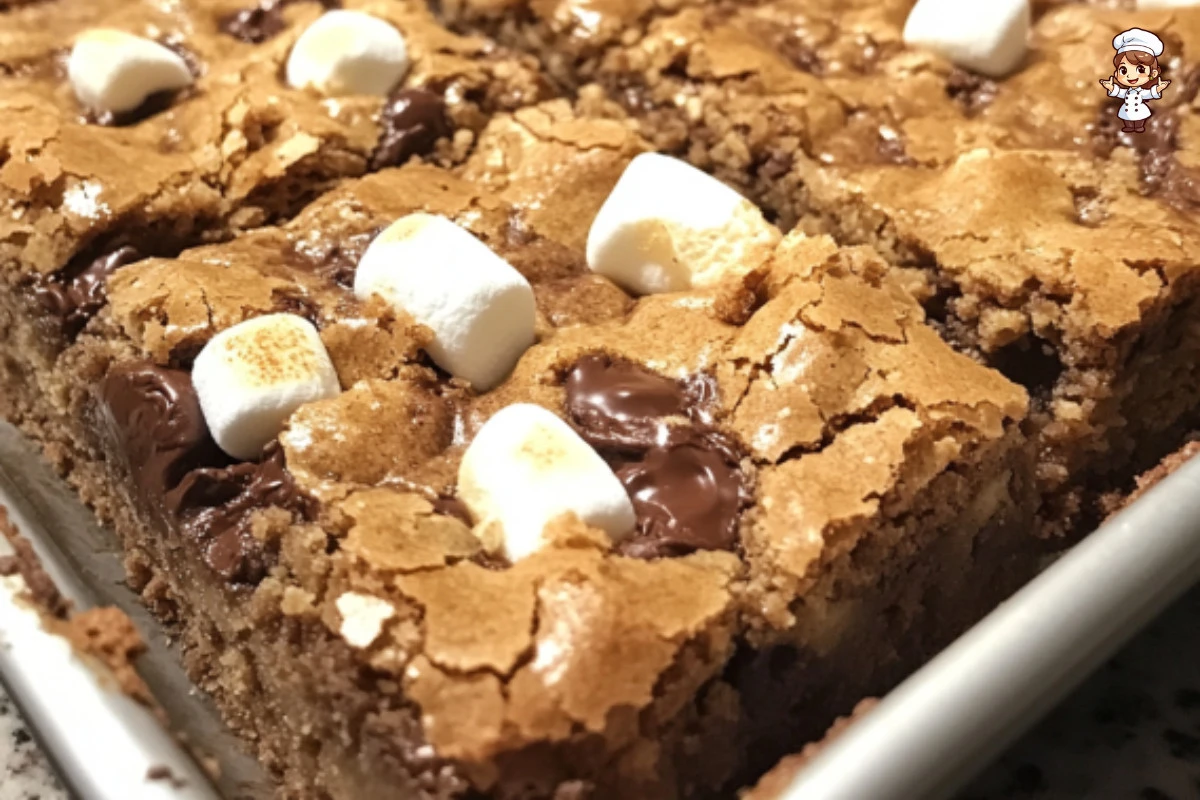 Delicious homemade Smore Blondies with chocolate and marshmallows