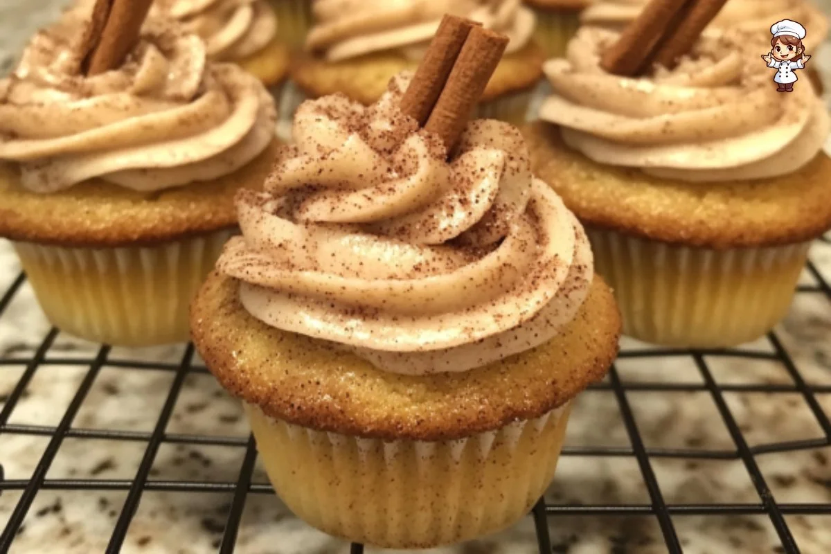 Delicious snickerdoodle cupcakes with cinnamon swirl frosting on a plate.