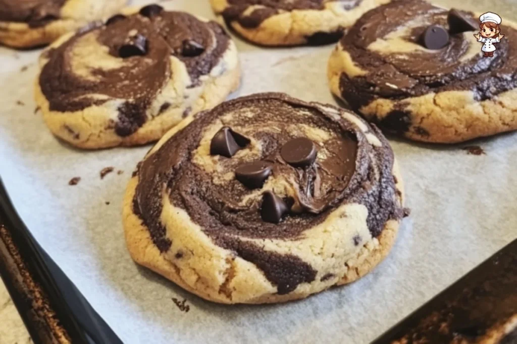 Soft-baked peanut butter chocolate swirl cookies on a plate