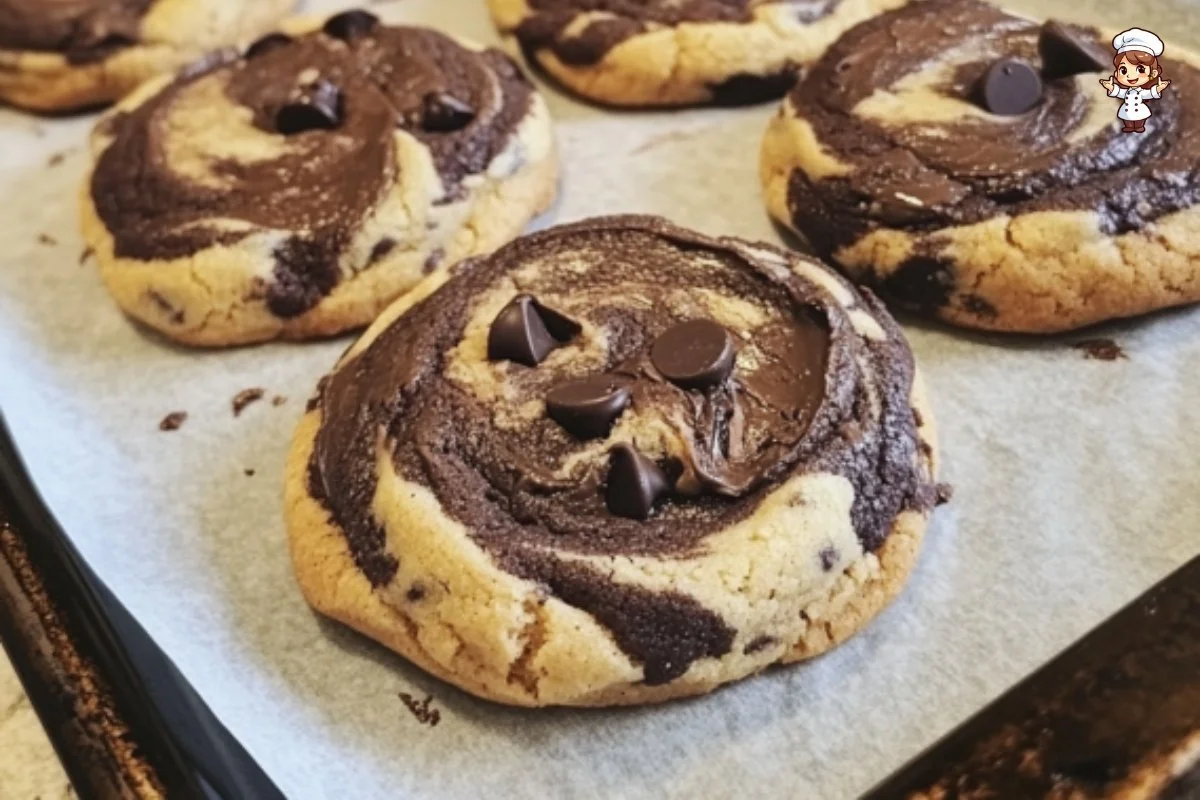 Soft-baked peanut butter chocolate swirl cookies on a plate