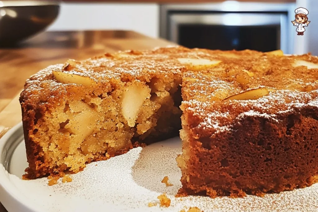 Slice of spiced pear cake with fresh ginger and cinnamon on a plate