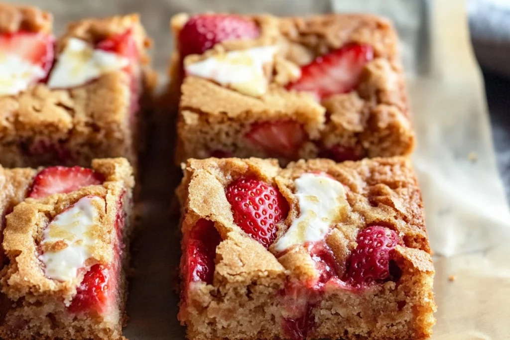 Freshly baked strawberry blondies with strawberries on top