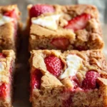 Freshly baked strawberry blondies with strawberries on top
