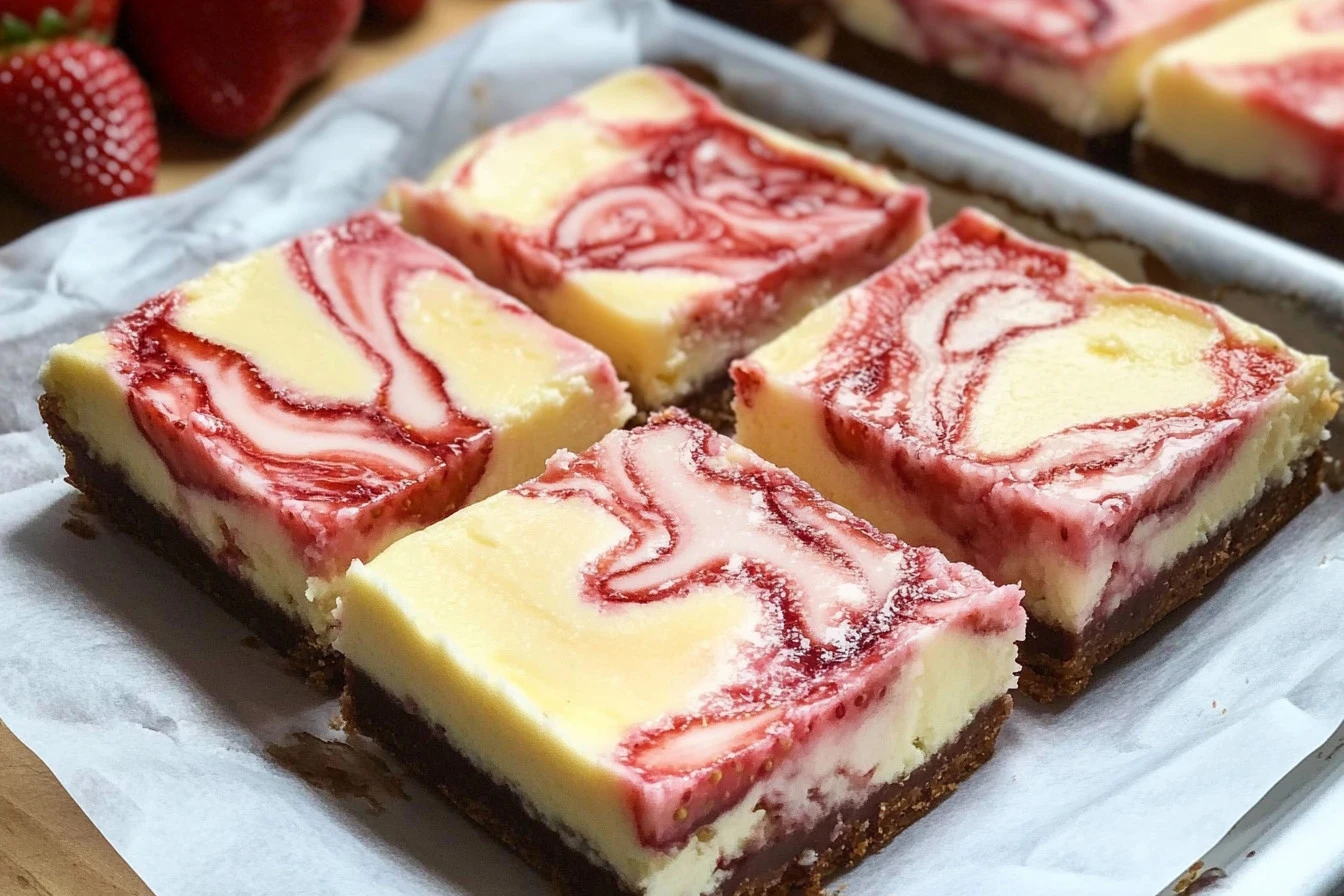 Delicious strawberry cheesecake bars topped with fresh strawberries and graham cracker crust.