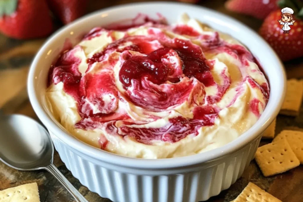 Bowl of creamy strawberry cheesecake dip with fresh strawberries on top