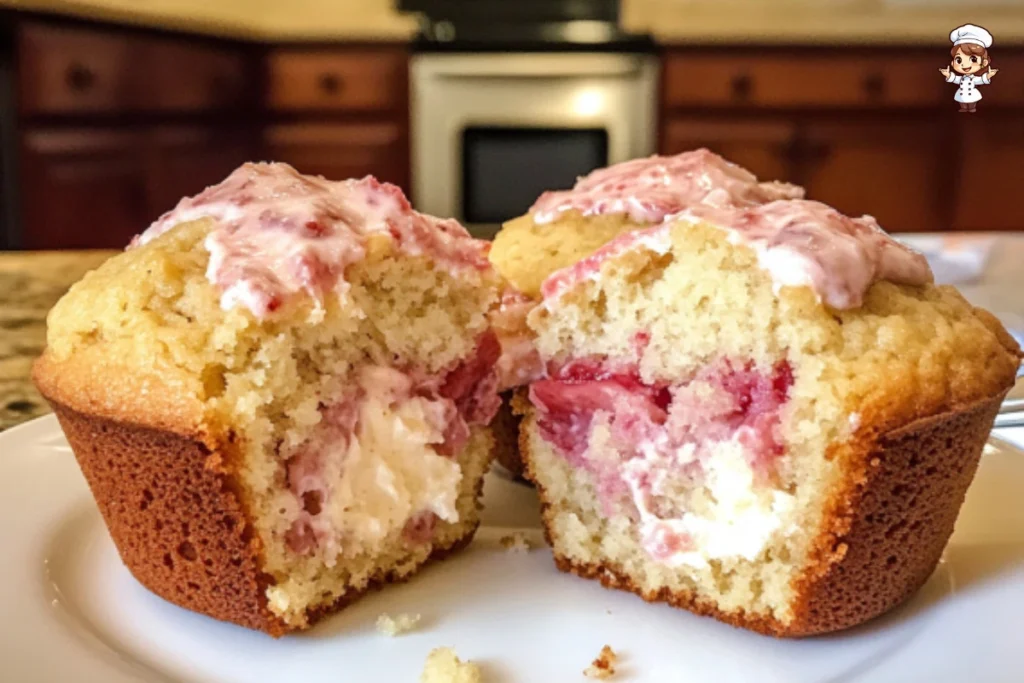 Freshly baked Strawberry Cheesecake Muffins with a creamy topping.