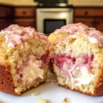 Freshly baked Strawberry Cheesecake Muffins with a creamy topping.