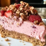 Delicious Strawberry Crunch Cheesecake with crunchy topping and fresh strawberries.