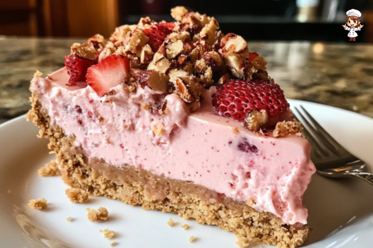 Delicious Strawberry Crunch Cheesecake with crunchy topping and fresh strawberries.