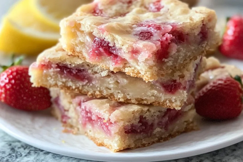 Freshly baked strawberry lemon blondies with bright pink strawberries and lemon zest