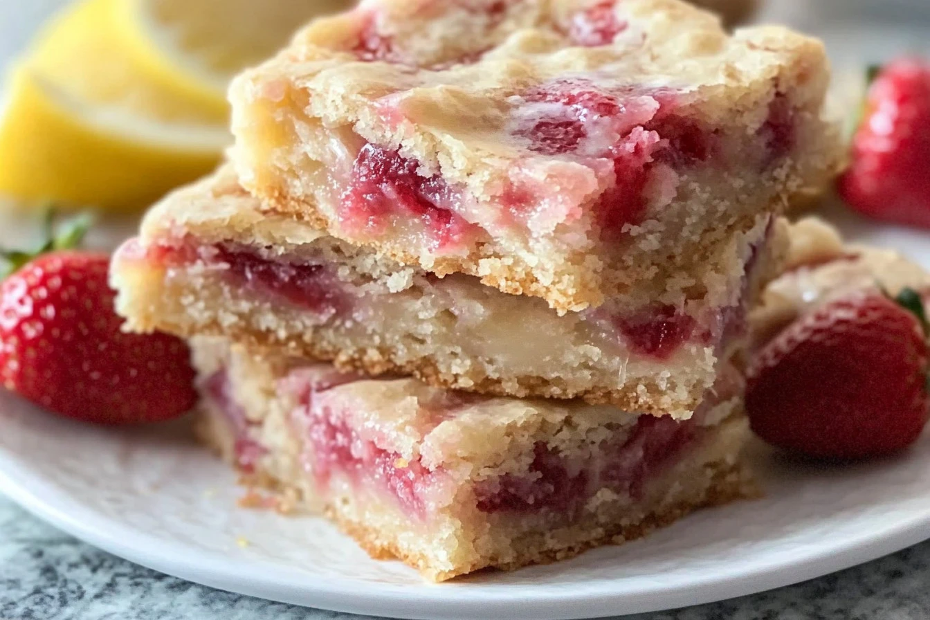 Freshly baked strawberry lemon blondies with bright pink strawberries and lemon zest
