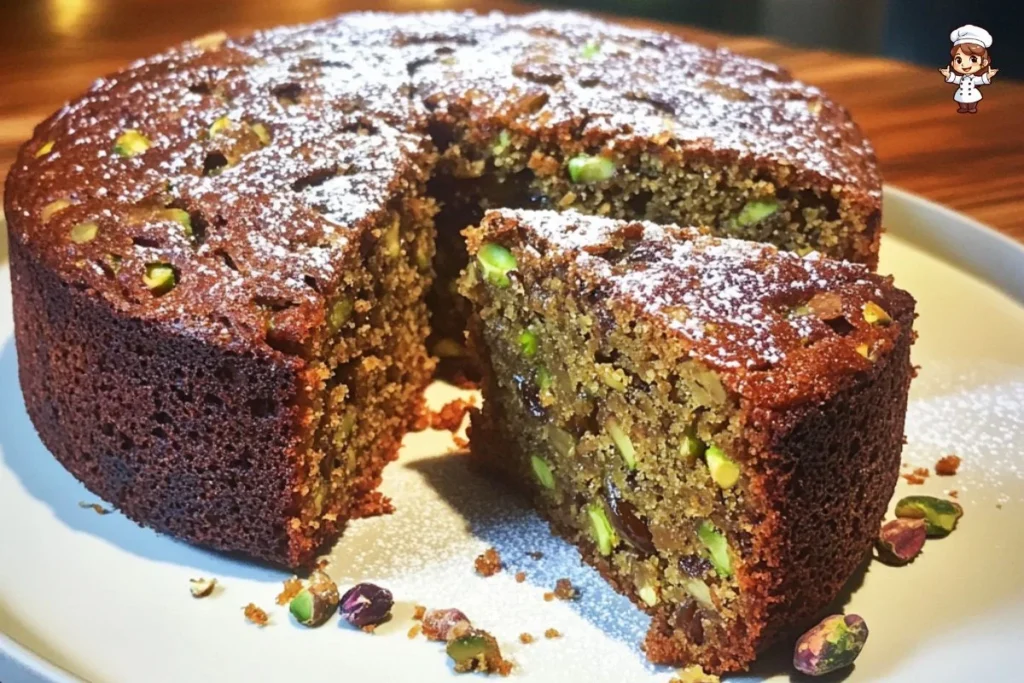 Delicious Date and Pistachio Cake topped with cardamom and cinnamon