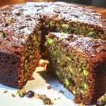 Delicious Date and Pistachio Cake topped with cardamom and cinnamon