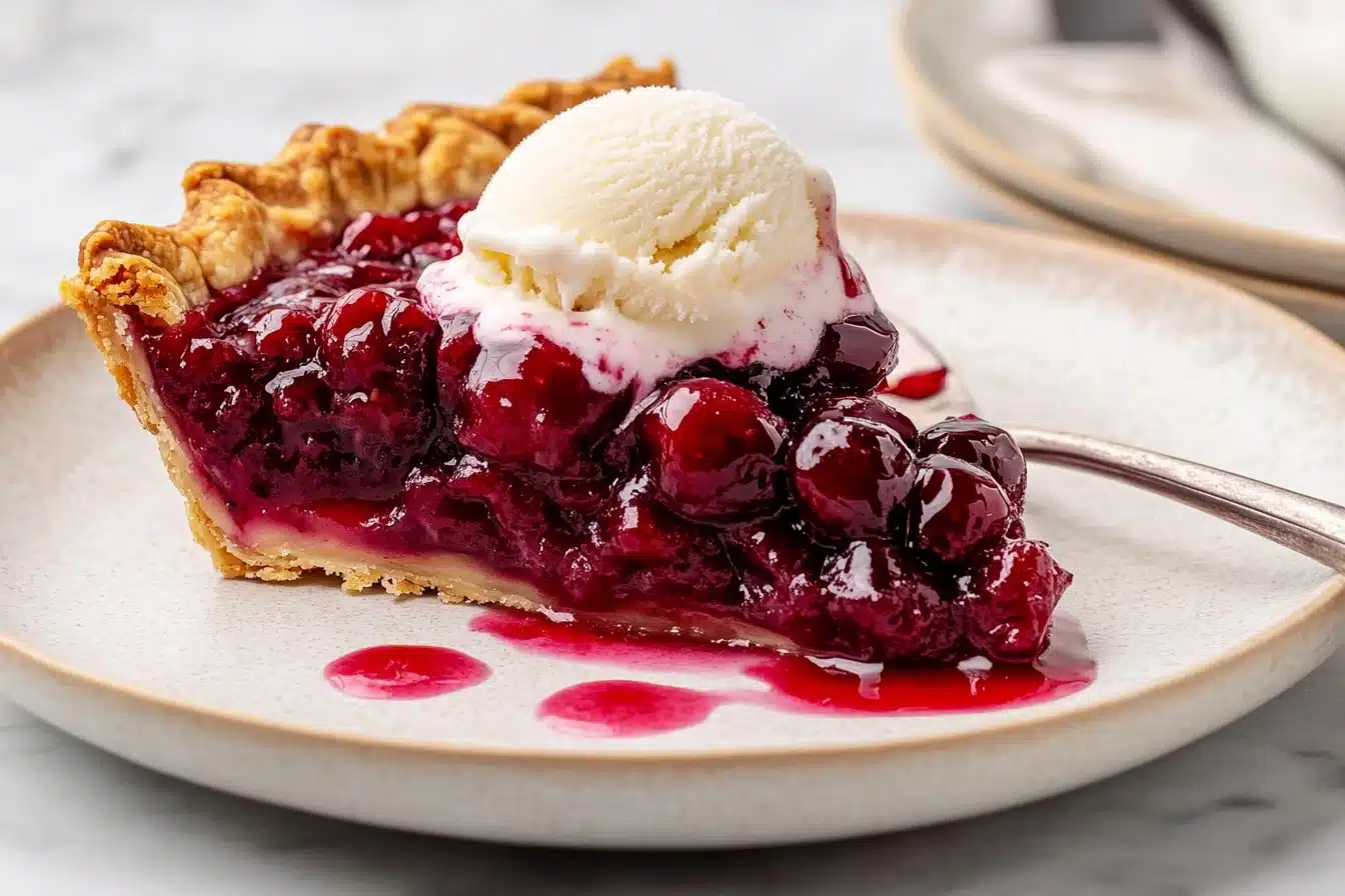 Slice of tart cherry pie topped with whipped cream on a plate