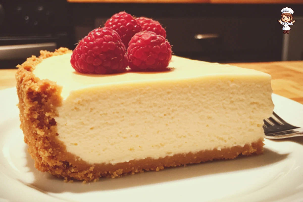 Delicious homemade cheesecake slice on a plate with toppings